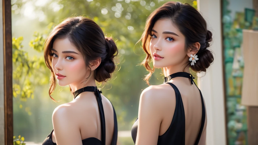(score_9, score8_up), (majestic:1.5), uhd:1.3, RAW photo,1girl, solo, very detailed perfect natural breasts, looking at viewer, blush, very detailed shinning short hair, bangs, very detailed glossy blue eyes, very detailed shinning black hair, hair ornament, dress, bare shoulders, jewelry, very detailed perfect natural medium breasts, standing, ass, flower, cowboy shot, earrings, very detailed full glossy lips, parted lips, detached sleeves, choker, looking back, indoors, hair flower, hair bun, from behind, black dress, see-through, petals, sleeveless dress, back, black choker, single hair bun, plant, red flower, side slit, pillar, digital art, professional style, detailed image, detailed perfect natural skin, blush, realistic eyes, extremely beautiful woman, ((masterpiece quality: 2)), light particles, attractive image, reflections, Details