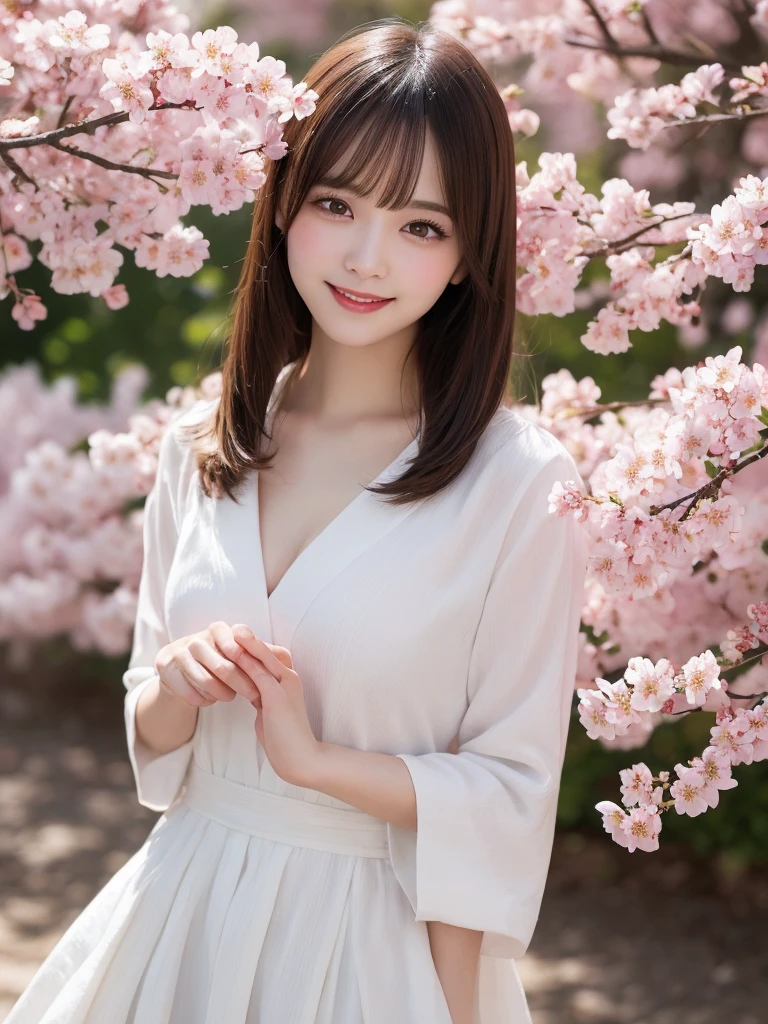 masterpiece, best quality, illustration, ultra-detailed, finely detailed, high resolution, 8K wallpaper, perfect dynamic composition, beautiful detailed eyes, cherry blossoms, traditional clothing, medium hair, small breasts, calm pose, smile, looking at camera