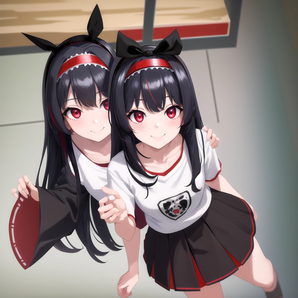 masterpiece, best quality, highres, 1girl, closeup hairband red eyes, black hair, t-shirt, skirt smile
