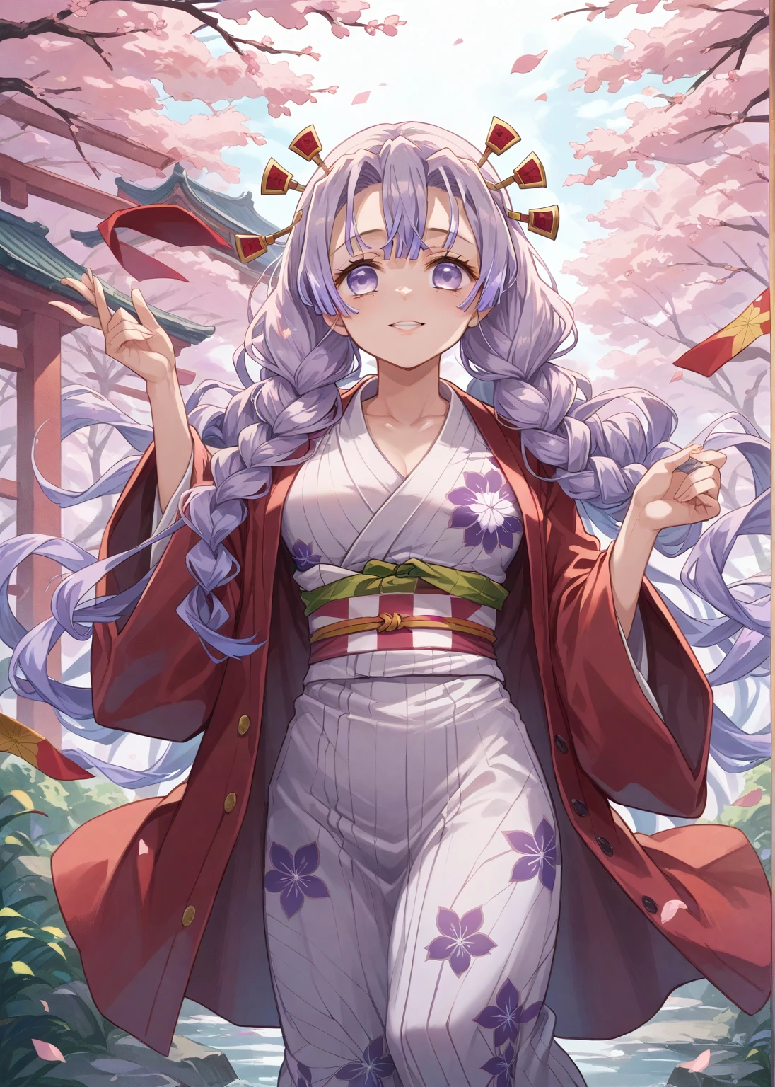 ( The most beautiful masterpiece , Beautiful light , woman ) Kanroji Mitsuri, Kimetsu no Yaiba , Single person pic , Light purple yukata , red coat