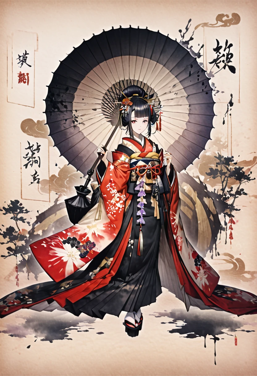 Ink and ink painting,Black and white painting,splash,,whole body,Oiran,(Gorgeous costumes,kimono,kimono,)Oiranの髪飾り,Beautiful detailed glass hair,Wearing high clogs,(Oiran道中:1.2,Umbrella holder,),dappled sunlight,Dynamic movement and powerful brushstrokes、Large umbrella,smoke tube,,(後ろ襟をうなじから背中にかけて大きく開けたkimono:1.2),