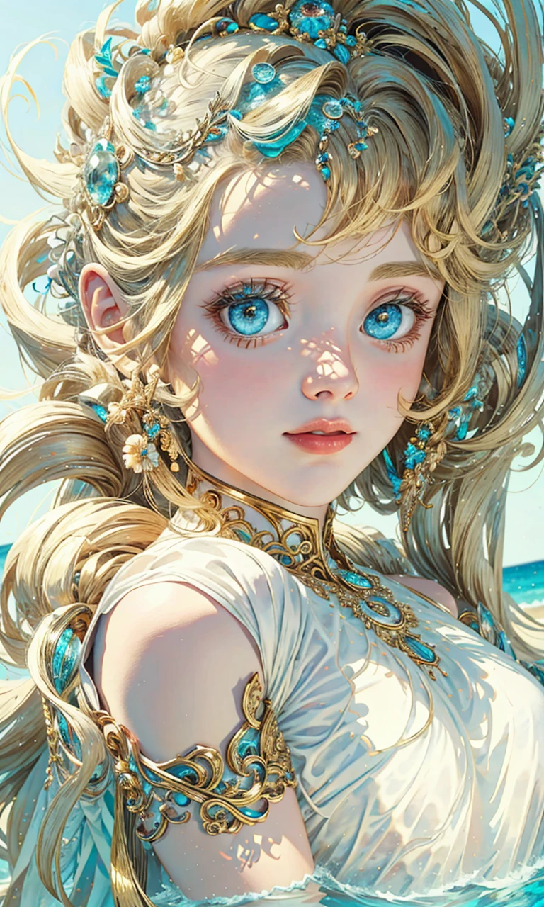 （best qualtiy）， （（tmasterpiece））， 1个Giant Breast Girl，（solo），half-body portrait， Delicate face， looking at viewert， firm eyes， exposed bare shoulders，Exquisitehands， Um ser celestial， light particules， The halo，the ocean， Full of energy， Colorful colors， （Bio-luminescence），（Detailed composition）， Movie Lighting