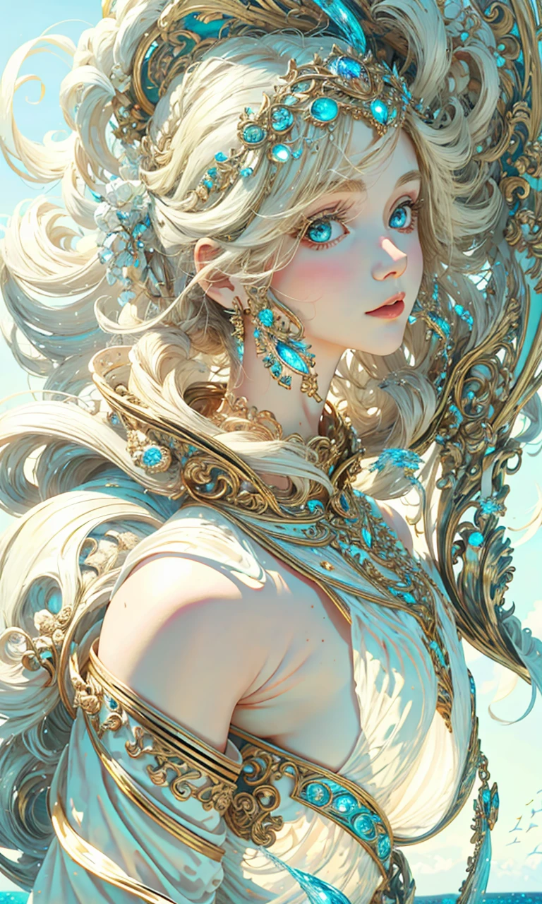 （best qualtiy）， （（tmasterpiece））， 1个Giant Breast Girl，（solo），half-body portrait， Delicate face， looking at viewert， firm eyes， exposed bare shoulders，Exquisitehands， Um ser celestial， light particules， The halo，the ocean， Full of energy， Colorful colors， （Bio-luminescence），（Detailed composition）， Movie Lighting