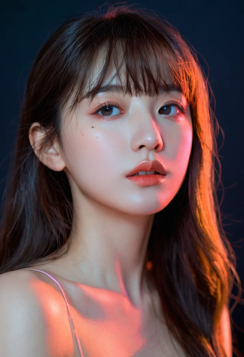 (upper body:1.5),8k, best quality, 1 Girl, (Skin Indentation), night, (dark), Indoor clear background, (people), Beautiful bangs, Gorgeous,, (Clothing and:1.3),Soft lighting, attractive, dark Room, (mouth close:1.2, beautiful eyes, Delicate eyes, Detailed iris, Beautiful lips, Beautiful nose, Pretty Face),(primary color:1.5),(Ambient Light:1.5),(Neon light:1.8),(Radioluminescence:1.8),