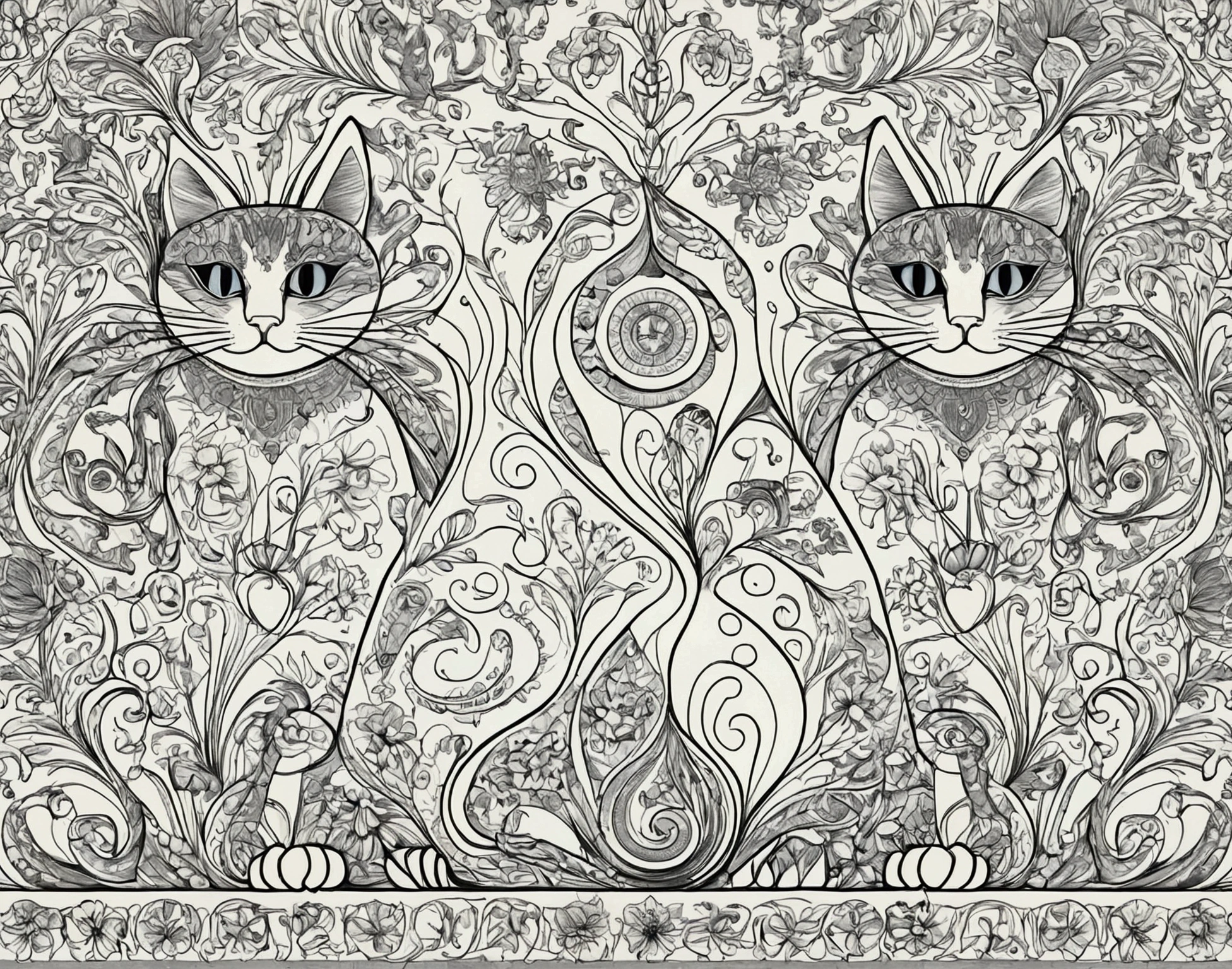 All motifs have a black line edge, colorful cats drawing style