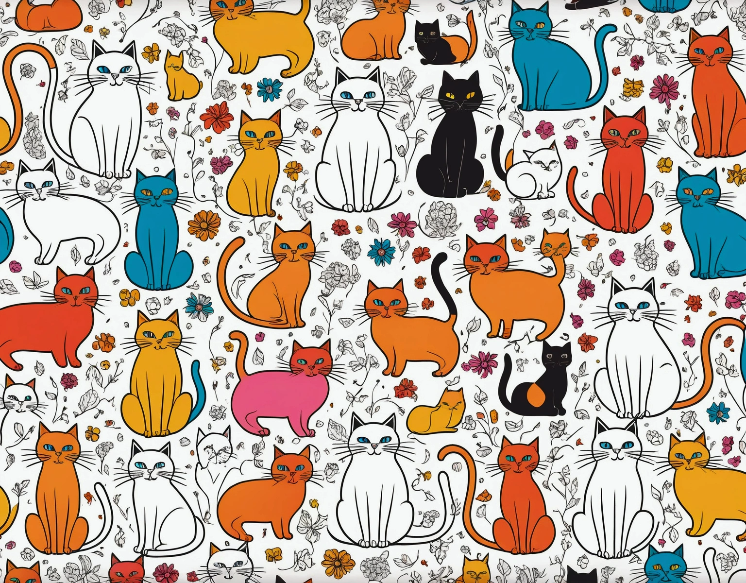 All motifs have a black line edge, colorful cats drawing style