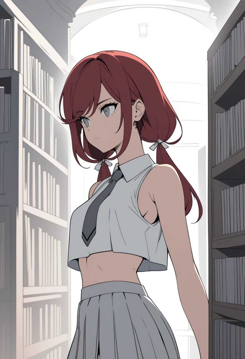 (masterpiece, best quality), solo, flat color, cel shading, solid outline, ultra detailed face, rim lighting, 1girl, stoic, looking to the side, beautiful face, Gray eyes, Dark red hair, swept bangs, low twin tails, white ribbons, sleeveless white collared oversized crop top, crop top overhang, long gray skirt with white vertical stripes, gray necktie, small breasts, toned arms, library, potted pants, chandeliers,