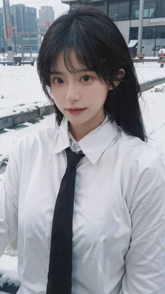 Best quality,masterpiece,Ultra-high resolution,snow,16K,Snow background,(Photo Realism:1.4),1 Girl,JK,Sexy,(Shirt and Tie:1.2),(Big breasts:2.3),(Upper body:1.4)