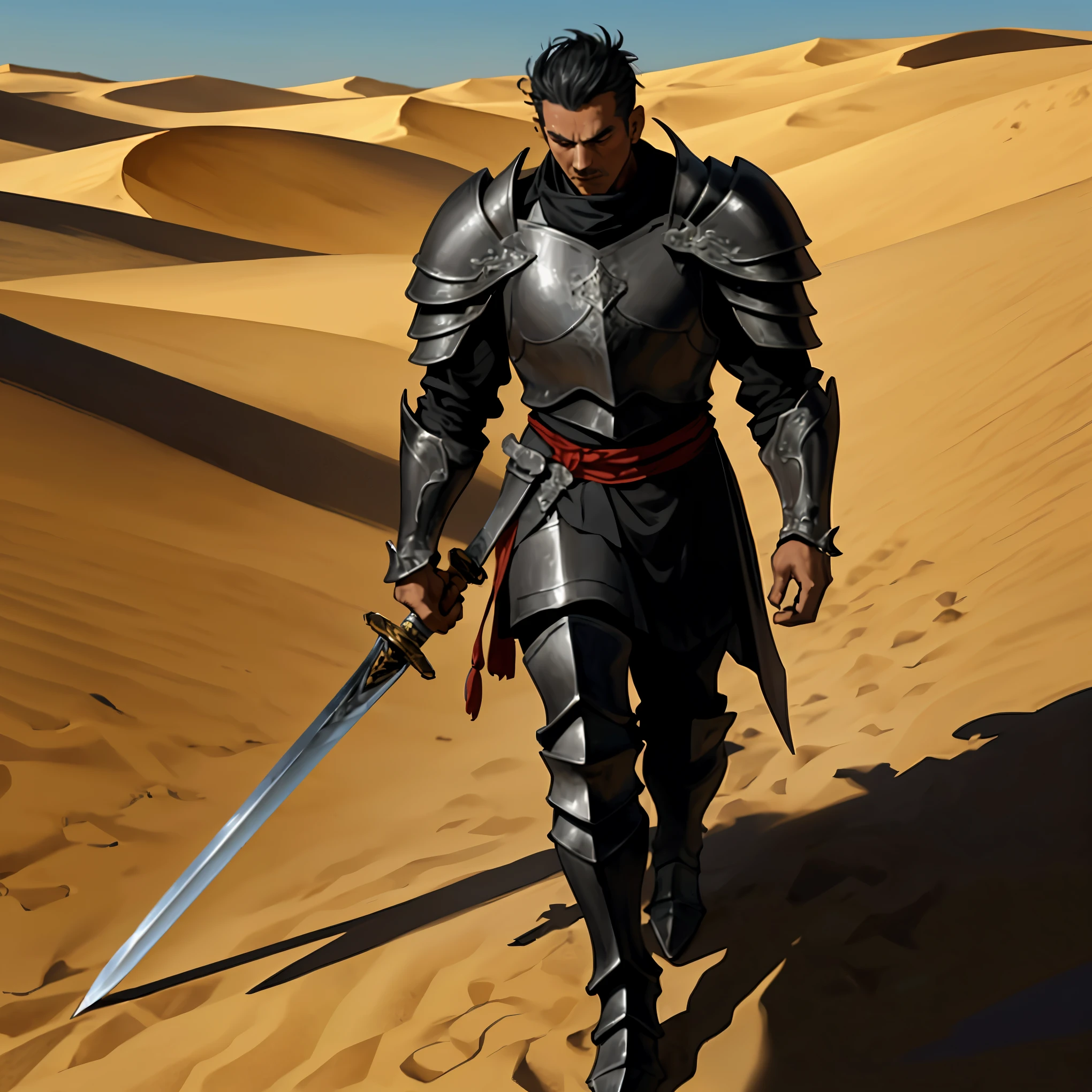 A dramatic image, a strong man in black armor and a large sword on his back, He is walking on the desert sand leaving