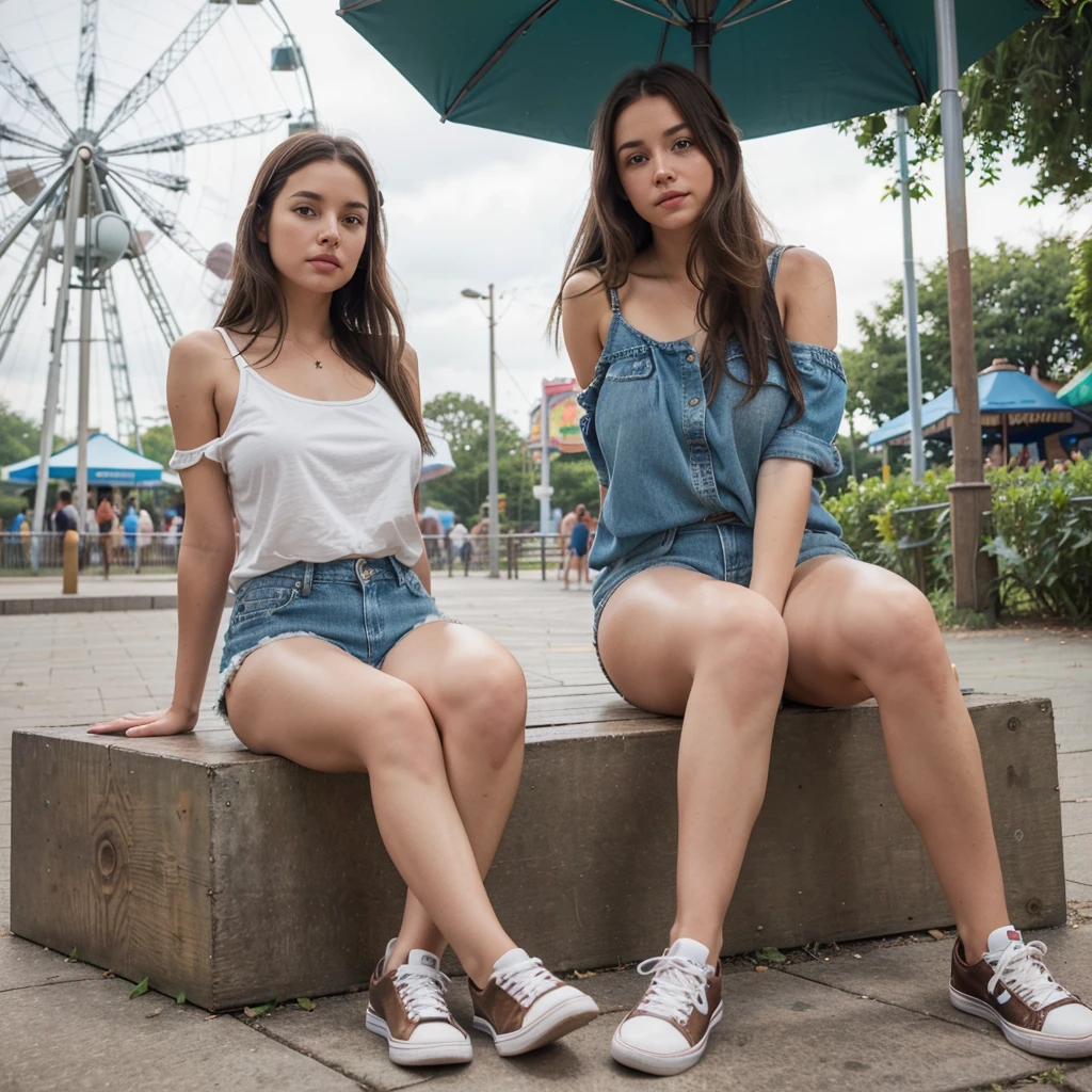1girl, realistic, shorts, denim, denim shorts, outdoors, sitting, long hair, amusement park, festival, solo focus, looking at viewer, sneakers, day, breasts, blurry, shoes, short shorts, tree, umbrella, blurry background, brown hair, lips, black hair, green shirt, brown eyes, medium breasts, bare shoulders