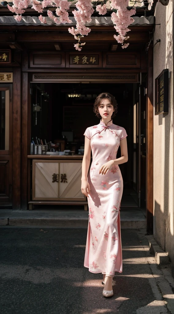 RAW photos, best quality), (Photo-real:1.3), best quality, Very detailed, masterpiece, Ultra Detailed, illustration, 1 Girl,8k wallpaper，amazing，Level lighting effects，Natural soft lighting，Short curly hair，Pink elegant cheongsam，During the day，Exterior，street，For the audience，stand up