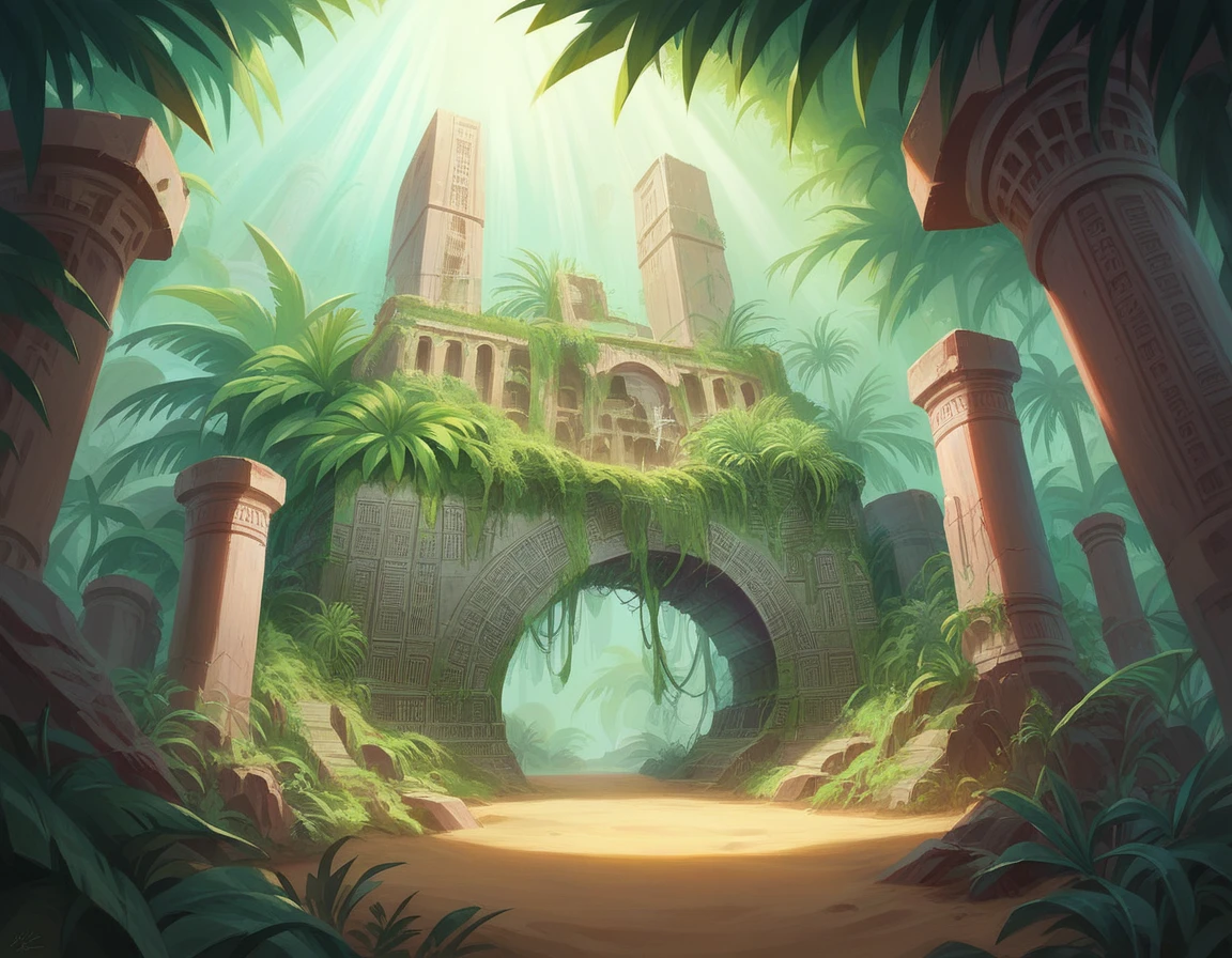 a mysterious island, lush tropical forest, ancient ruins, glowing bioluminescent plants, dramatic cliffs, cascading waterfalls, golden sand beaches, crystal clear turquoise waters, old stone walls covered in ivy, crumbling archways, sunlight filtering through the canopy, mystical atmosphere, moody lighting, cinematic composition, vibrant colors, intricate details, photorealistic, 8K, hyper detailed