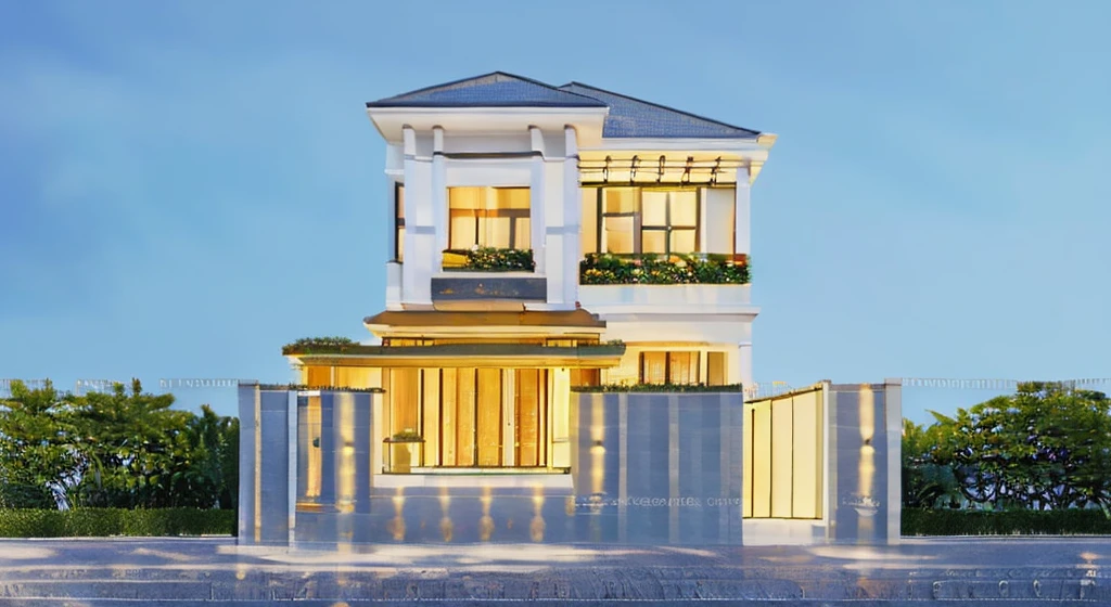PLATFORM KTHOUSE, 1 modern villa in Vietnam, sloping roof, main materials for building the villa wall color: 1.2 glass panels: 1.1 and stone: 1.2, 1 large yard, 1 path in front of the house, surrounded by flowers and trees tropical, (RAW photo, real, best quality, masterpiece:1.2), modern minimalist look, a road in front of the house, surrounded by tropical flowers and plants, dynamic lighting:1.3, (surreal , real photo: 1.2), high quality, (bright light: 1.2), perfect light, Archdaily, no people , light at 12 noon, light outside the door: 1,2