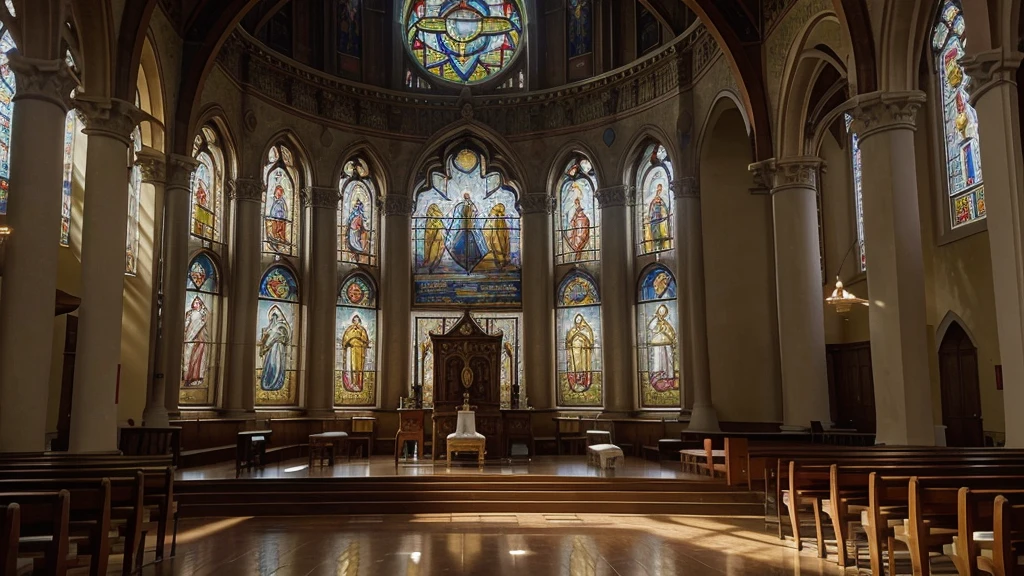 Imagine a serene and inspiring scene inside a majestic ancient church. The soft rays of the sun pass through the colorful stained glass windows, painting the floor a vibrant color pattern. Polished wooden benches and architectural details adorn the space with an atmosphere of reverence and history.
In the center of this church, there is an image of Jesus Christ. He is portrayed in a moment of peace and compassion, with a serene expression that radiates love and wisdom. The soft light coming from the stained glass windows creates a soft halo around your head, symbolizing his divinity.
Ao redor de Jesus, there are candles burning in a golden chandelier, whose light dances softly, gently illuminating Your face. No fundo, there is a simple altar with a cross, where an open Bible rests, its pages turn to a significant verse that talks about the love of Christ.
The atmosphere is calm and quiet, as if the presence of Jesus filling the space brought a deep tranquility to the hearts of those who enter this church. The atmosphere is one of devotion and reverence, inviting the faithful to reflect and find peace in the presence of the Savior.
This image conveys not only the visual beauty of the church environment, but also spirituality and the message of hope and redemption that Jesus Christ represents to millions around the world.