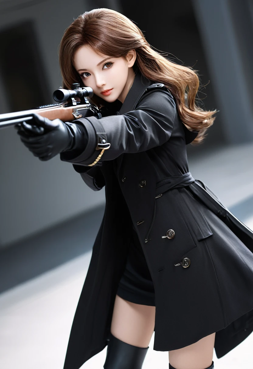 ( perfect anatomy )Anime charming beautiful girl dynamic sniper, A brown-haired woman wearing a black trench coat is a sniper aiming a gun at her prey. ( perfect anatomy ) Dynamic pose detailed face. realistic eyes. The face and eyes are very detailed. delicate skin.、delicate skin texture smile, Black trench coat dark shadow background, Black Soft Light, Professional photography master&#39;artwork, texture, complicated, Clear, High-quality masterpieces， Extremely complicated and exquisitely detailed, Super detailed, Super detailed digital art