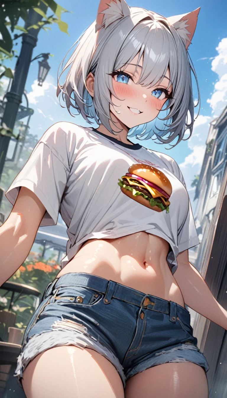 (((best quality)), ((masterpiece)), (details), masterpiece, best quality, high quality, ulutra detailed, perfect face, ((1girl, blue eyes, cat ears: 1.3 silver bob hair: 2.5,)) 、Shiny Hair、Glowing Skin、blush、Lustful look、smile、Eat a cheeseburger with both hands、garden、blue sky、Side Angle、Gobble、T-Shirts、I can see your toned stomach、Denim shorts、High-top sneakers、