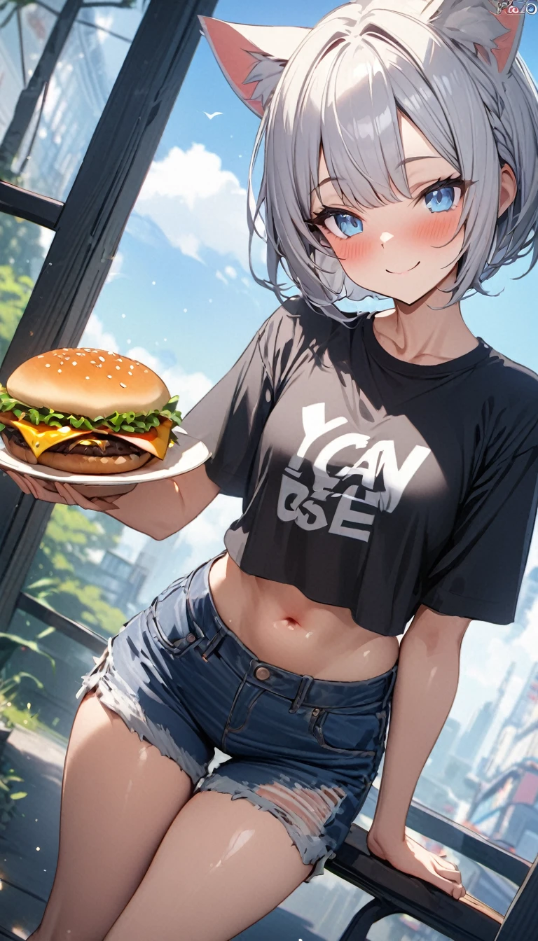 (((best quality)), ((masterpiece)), (details), masterpiece, best quality, high quality, ulutra detailed, perfect face, ((1girl, blue eyes, cat ears: 1.3 silver bob hair: 2.5,)) 、Shiny Hair、Glowing Skin、blush、Lustful look、smile、Eat a cheeseburger with both hands、garden、blue sky、Side Angle、Gobble、T-Shirts、I can see your toned stomach、Denim shorts、High-top sneakers、