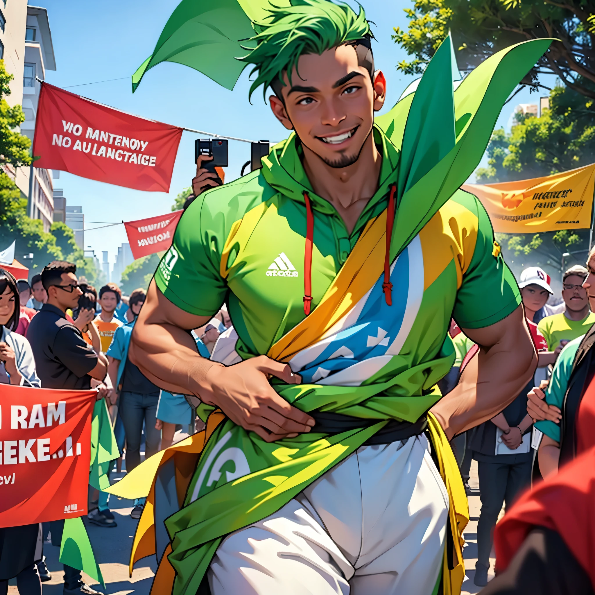A scene of an energetic man wearing a green campaigner outfit, surrounded by people who admire and respect him. He stands confidently in the center, exuding positivity and charisma, with a friendly and approachable smile on his face. The background features a vibrant community event in a lively park, with colorful banners and decorations. People of different ages and backgrounds are gathered around him, some cheering, others shaking his hand, and a few taking photos with him, showcasing their admiration and support for his cause.
