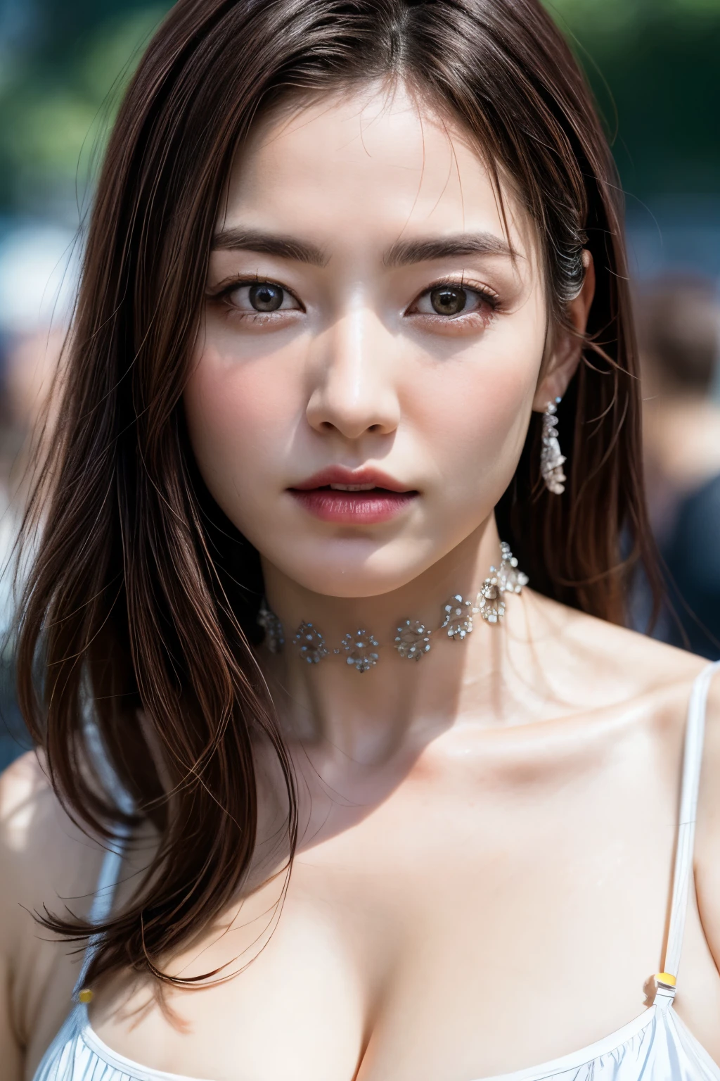 (nsfw:-2), (realistic, photo-realistic:1.4), (best quality,masterpiece:1.2),RAW photo, high resolution, intricate details, extremely detailed, insanely detailed, incredibly detailed, realistic and sharp details, cinematic lighting, portrait, looking at viewer, solo, 1girl, a Japanese woman, seductive pose, (large breasts, cleavage:1.4), (wearing a bikini, thin strap, choker with jewelry:1.2), dark hair, (detailed face, detailed eyes, sophisticated nose), pale skin, fine-textured skin, sweaty, shiny skin, photo background,outdoors, public park, holiday, (crowd in background:1.4),,
