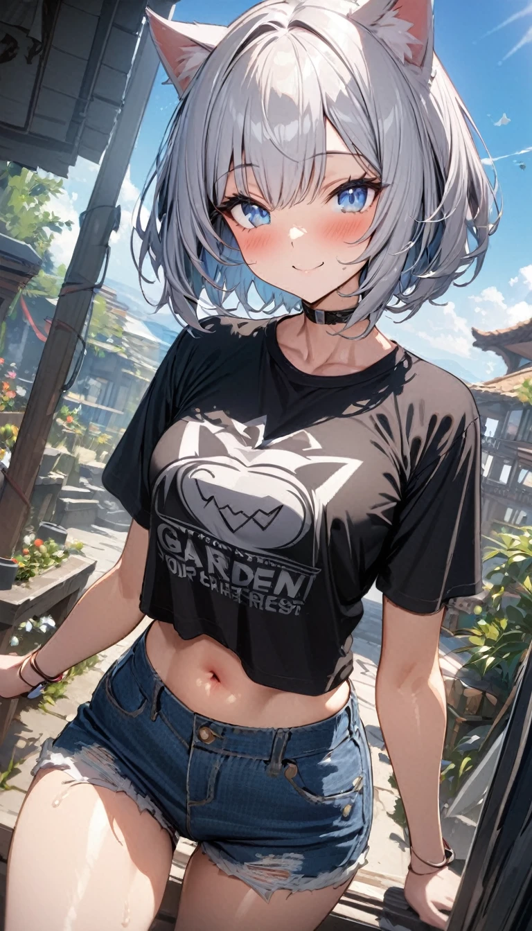 (((best quality)), ((masterpiece)), (details), masterpiece, best quality, high quality, ulutra detailed, perfect face, ((1girl, blue eyes, cat ears: 1.3 silver bob hair: 2.5,)) 、Shiny Hair、Glowing Skin、blush、Lustful look、smile、Eat a cheeseburger with both hands、garden、blue sky、Side Angle、Gobble、T-Shirts、I can see your toned stomach、Denim shorts、High-top sneakers、
