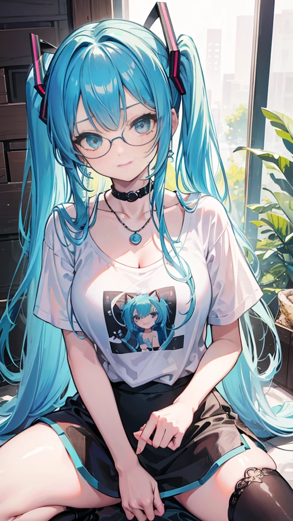 Masterpiece, high res, beautiful art, professional artist, 8k, art style by sciamano240, very detailed face, very detailed hair, very detailed clothes, Hatsune Miku, perfectly drawn body, beautiful face, long hair, light blue hair , very detailed blue vertical cat eyes, square glasses, pouty lips , rosey cheeks, intricate details in eyes, extreme close up of face, see only head and neck, staring directly at viewer, wearing cute summer clothes, t shirt, necklace, choker, earrings, jewelery, pencil skirt, black tigh boots, stockings, some freckles, warm grin, in love with the viewer expression, morning summer setting, pov standing outside with viewer,