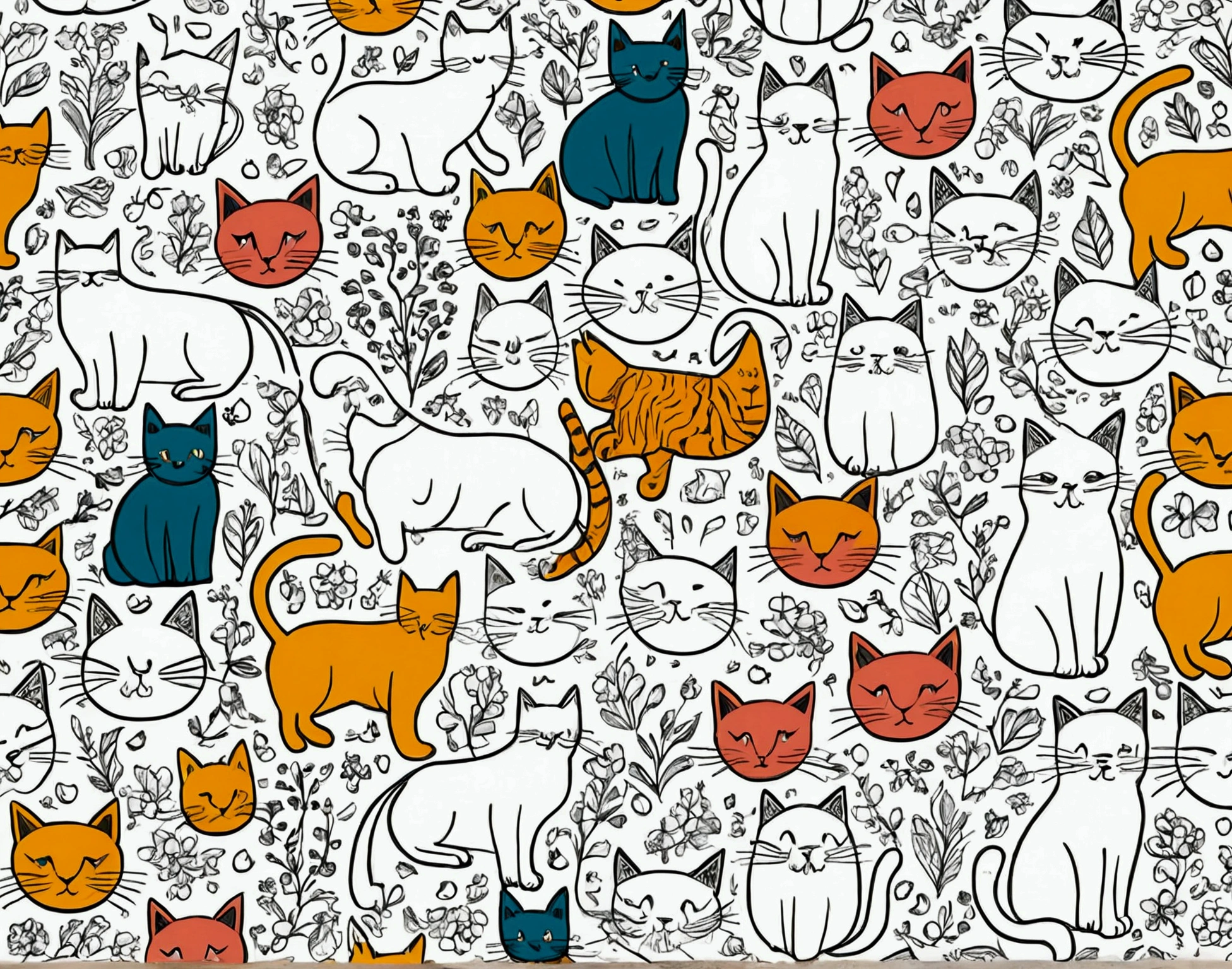 All motifs have a black line edge, colorful cats drawing style