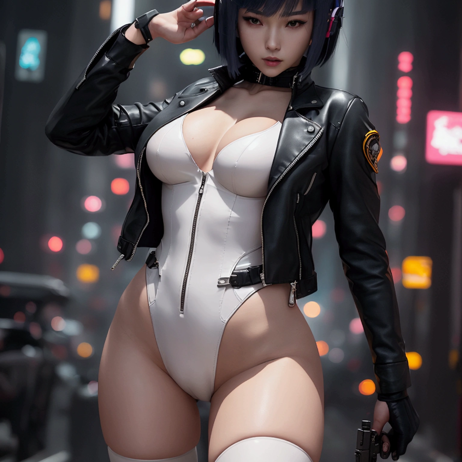 High resolution photo of a woman、Beautiful woman in a bare-chested white leotard、Dark blue bob hair、bangs、stockings、High heel boots、Holds a gun from the future、Black leather jacket、Army Jacket、ghost in the Shell、Motoko Kusanagi、City of the Future、Wear a belt around your waist、Belt with bullets、Future Soldier、Full body image、