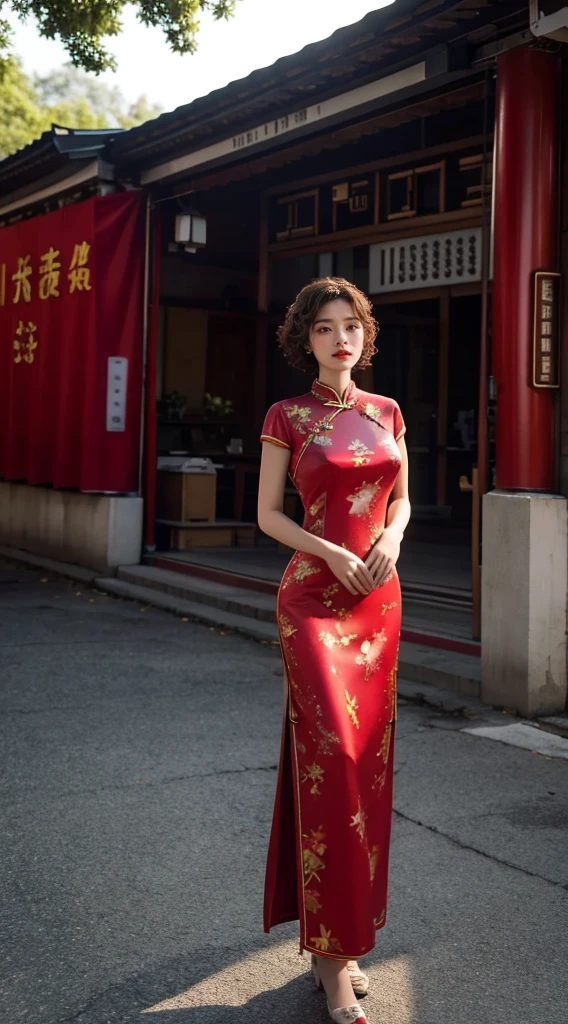 RAW photos, best quality), (Photo-real:1.3), best quality, Very detailed, masterpiece, Ultra Detailed, illustration, 1 Girl,8k wallpaper，amazing，Level lighting effects，Natural soft lighting，Short curly hair，Red festive cheongsam，During the day，Exterior，street，For the audience，stand up