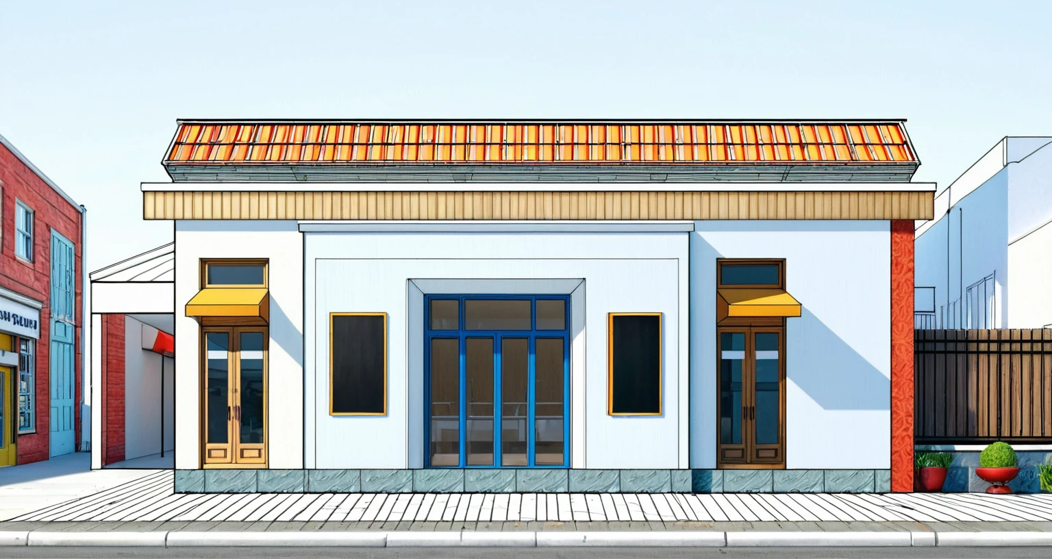 a drawing of a small building with  a door, building facing, storefront, wide establishing shot, street elevation, frontview, front - facing perspective, orthographic front view, wide angle exterior 2022, freddy mamani silvestre facade, orthographic 3d rendering, symmetrical front view, shop front, front facing
