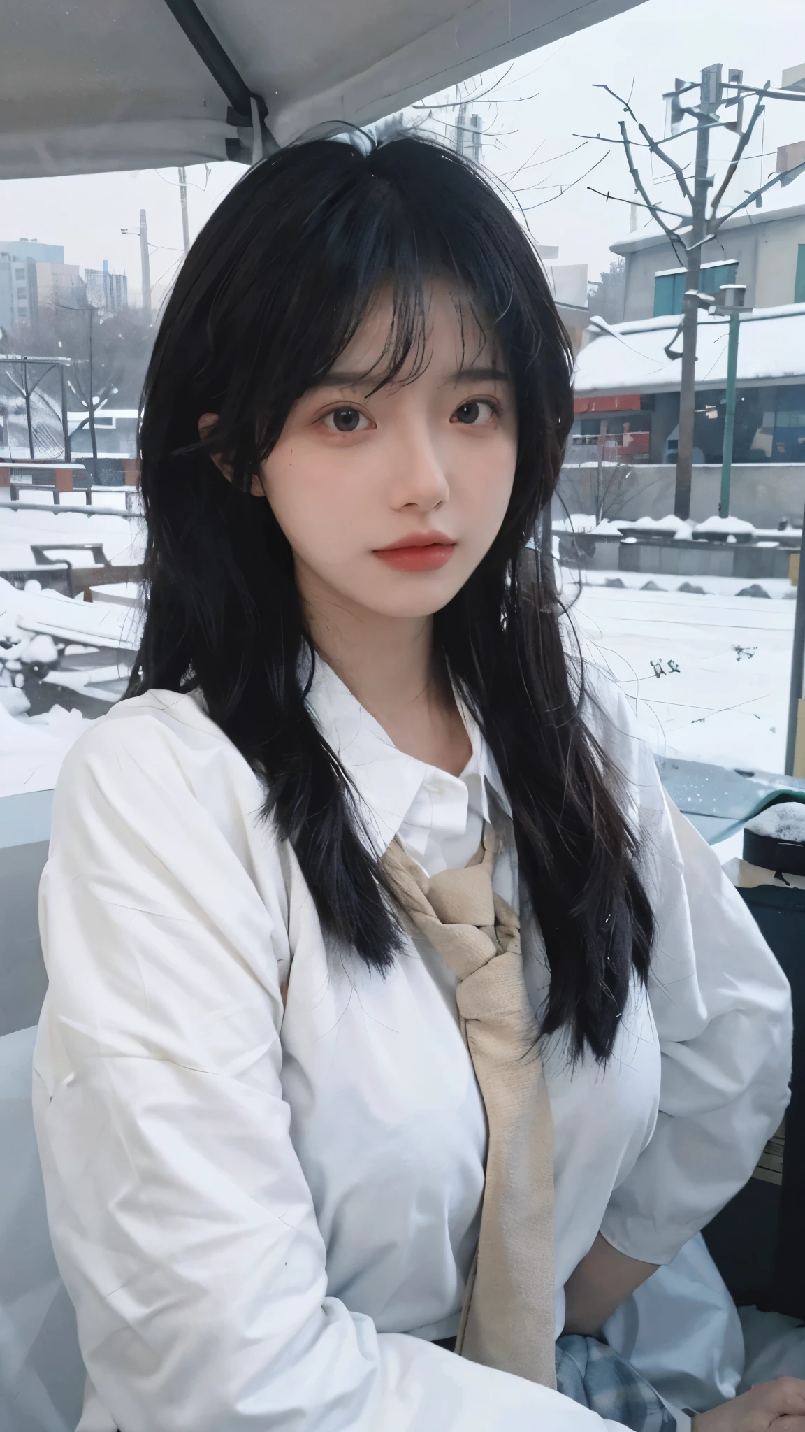 Best quality，masterpiece，Ultra-high resolution，snow，16K,Snow background，（Photo Realism：1.4),1 Girl，JK，Sexy，（Shirt and Tie：1.2),（Big breasts：2.3),（Upper body：1.4)