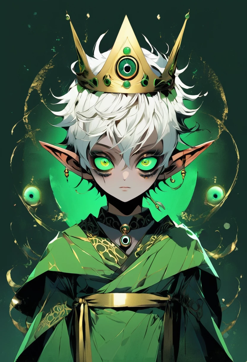 Japanese Anime,Second Dimension,Horror style,horror character,(((Three-eyed boy,独奏,third eye on the forehead,Dark eyeshadow,White short hair,Elf ears,Exaggerated golden crown-eyeball decoration))),(((Wrapped in bandages))).(((Thin waist,Green belt:1.6))).