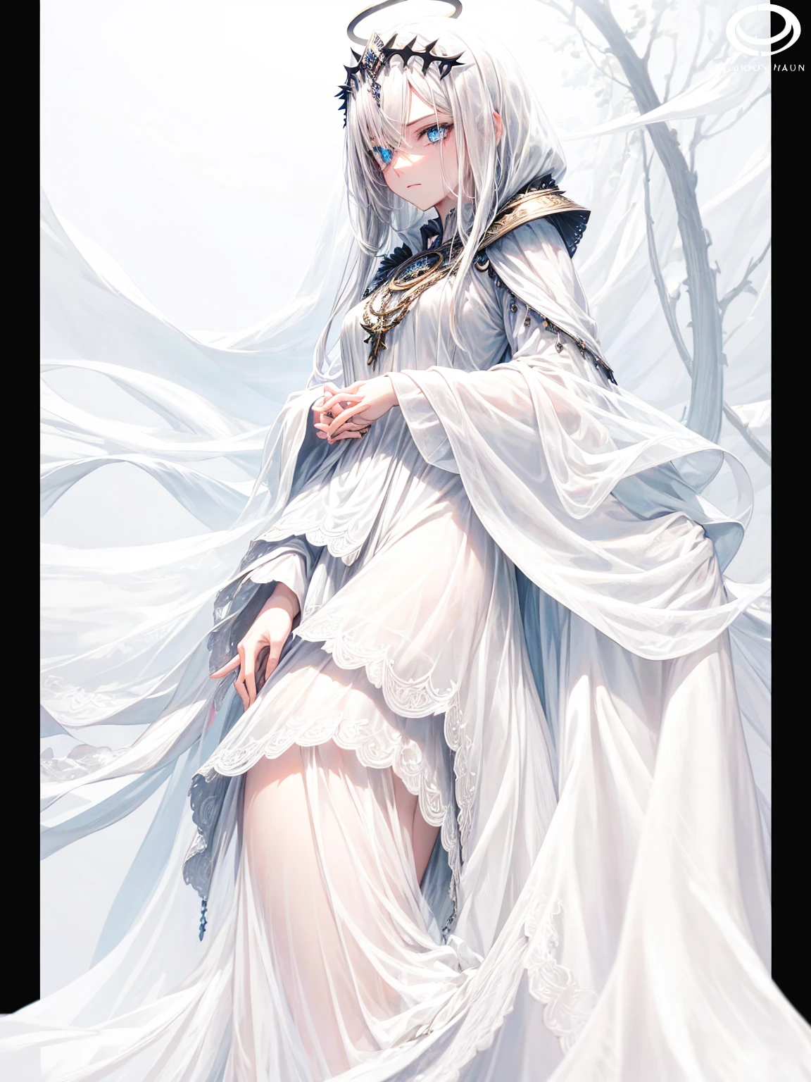 a young dark fantasy church priestess, with long black hair and white streaks, wearing an eyepatch on one eye, and her blueish green eyes, she cares a serious expression on her face and an angel like appearance, she wears elegant yet simple and modest black outfit, with some silver jewelry, she also wears a long see through veil on her head, with a faded sliver star shaped halo at the behind her head, she is holding her hands together symbolizing a prayer gesture.Long Hair, Black Hair, Blue eyes, mysterious, Hood, Halo, Anatomically Correct, Best Quality, Accurate, High Resolution, Looking at viewer, back view