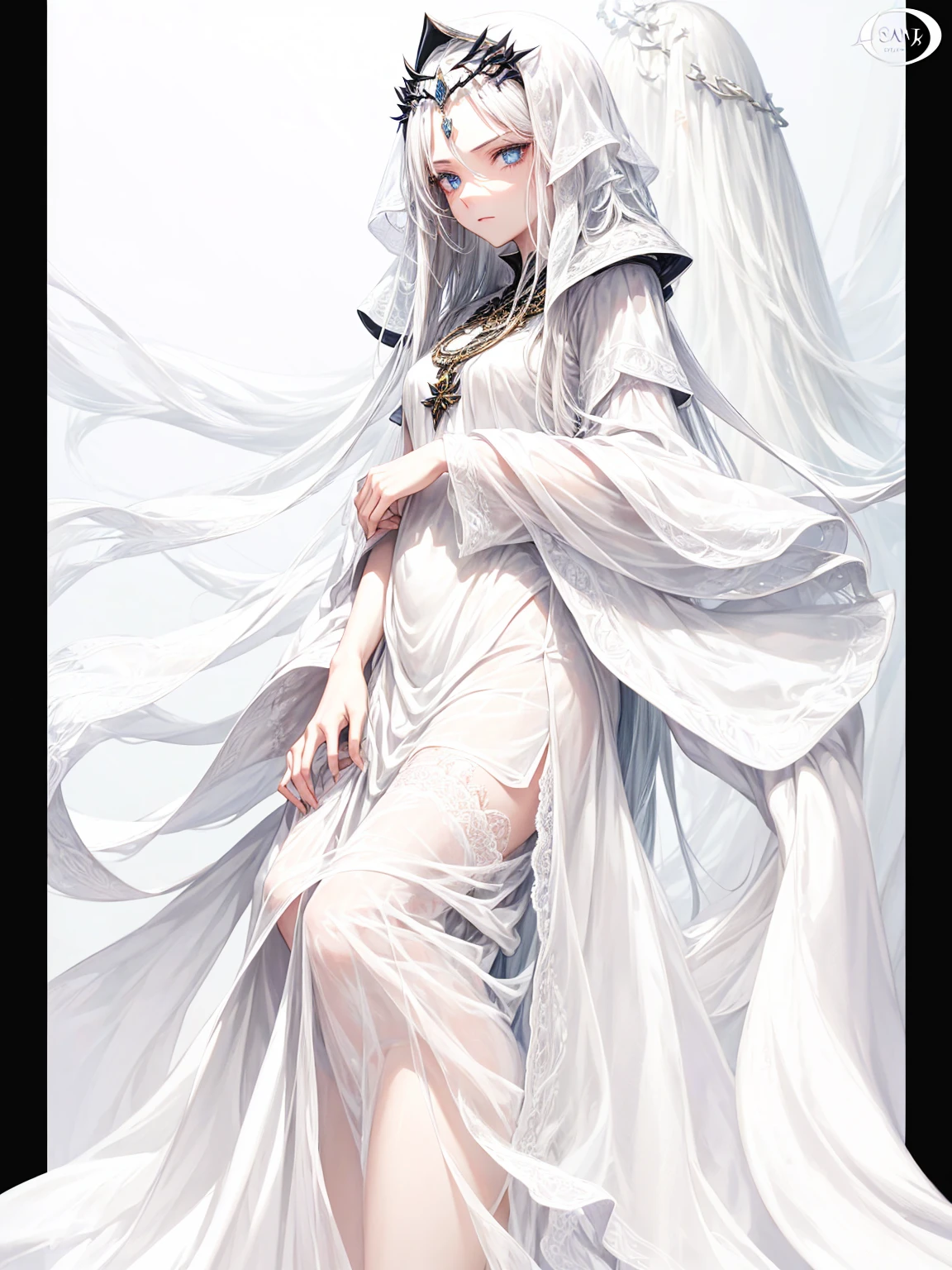 a young dark fantasy church priestess, with long black hair and white streaks, wearing an eyepatch on one eye, and her blueish green eyes, she cares a serious expression on her face and an angel like appearance, she wears elegant yet simple and modest black outfit, with some silver jewelry, she also wears a long see through veil on her head, with a faded sliver star shaped halo at the behind her head, she is holding her hands together symbolizing a prayer gesture.Long Hair, Black Hair, Blue eyes, mysterious, Hood, Halo, Anatomically Correct, Best Quality, Accurate, High Resolution, Looking at viewer, back view