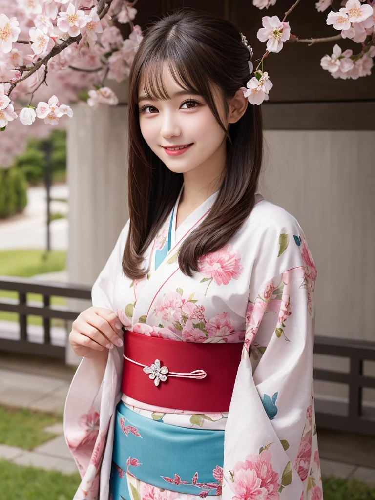 masterpiece, best quality, illustration, ultra-detailed, finely detailed, high resolution, 8K wallpaper, perfect dynamic composition, beautiful detailed eyes, cherry blossoms, traditional kimono clothing, long hair, cheerful expression, cute, smile, looking at camera