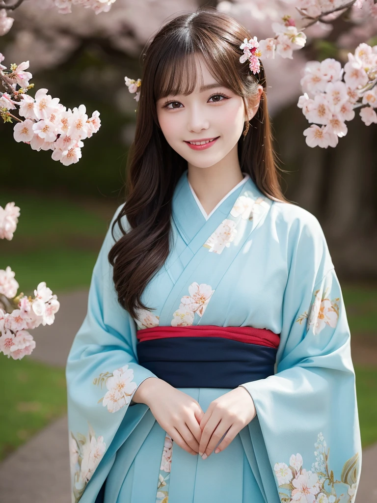 masterpiece, best quality, illustration, ultra-detailed, finely detailed, high resolution, 8K wallpaper, perfect dynamic composition, beautiful detailed eyes, cherry blossoms, traditional kimono clothing, long hair, cheerful expression, cute, smile, looking at camera