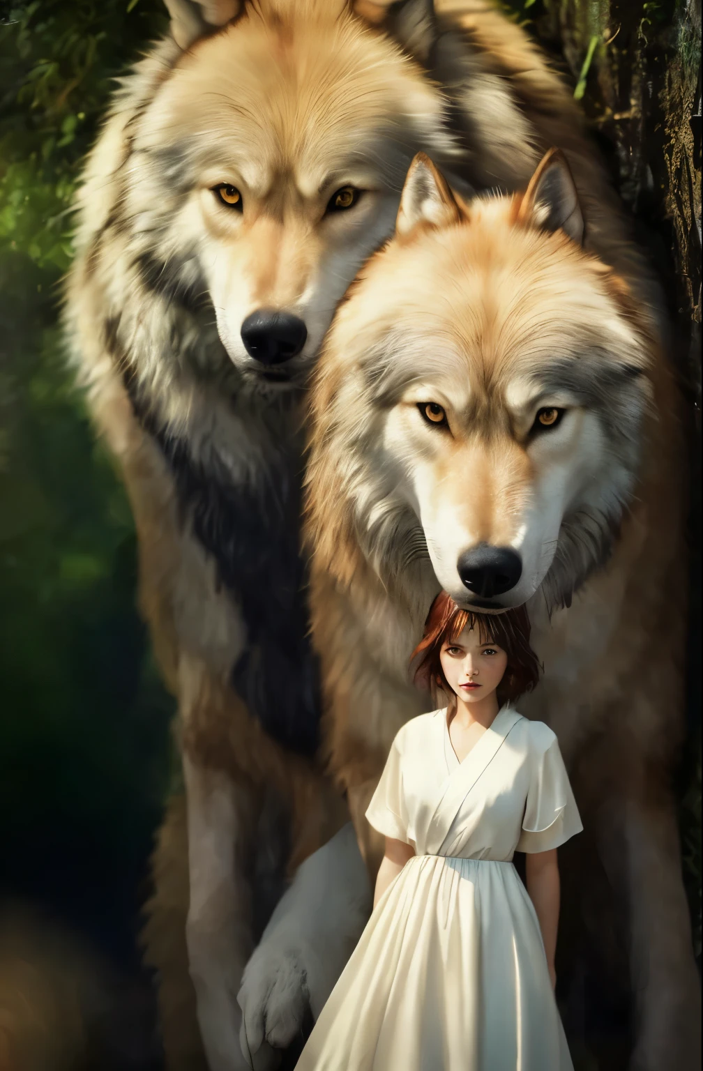 Highest quality, masterpiece, Ultra-high resolution, (Realistic:1.4), RAW Photos, One girl, Off the shoulder、（（Princess Mononoke））Snow-white wolf