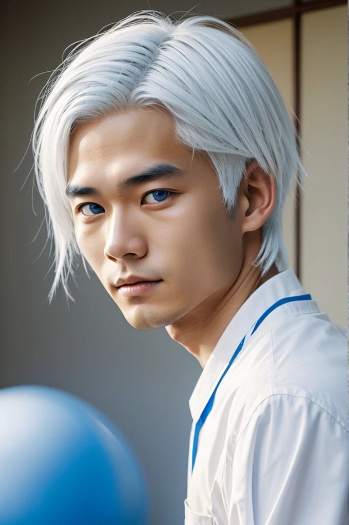 Japanese boy with white hair and blue eyes