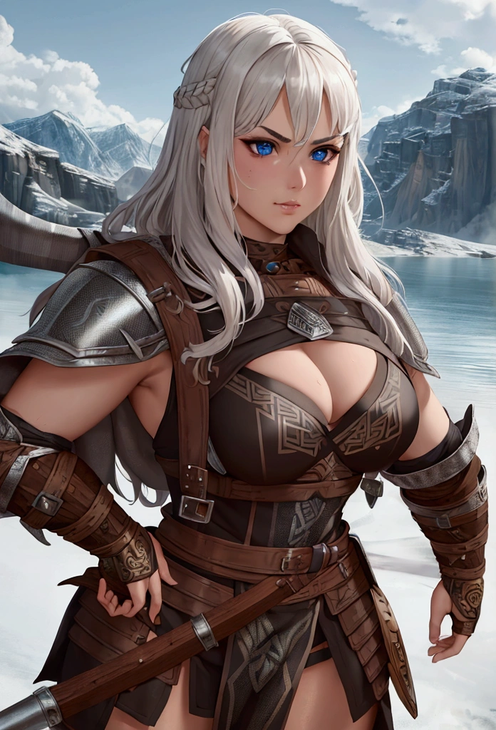 Masterpiece, best quality, brilliant details, cinematic lighting, exciting perspective, Barbarian armor, young pretty woman, beautiful face, perfect eyes, perfect proportions, norse type, tan skin, white hair, viking warrior, 