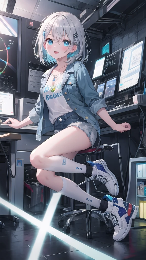 (8K, best quality, master piece: 1.3),super high resolution,1 girl, solo, full body ,ultra-detailed face, silme, (ash hair), thin hair clip, cyan colorshift eyes, expressive eyes, Ecstatic expression, Casual denim jacket, denim, cotton, blue, white, patches, pins, Futuristic laboratory, white, blue, silver, bright and clean