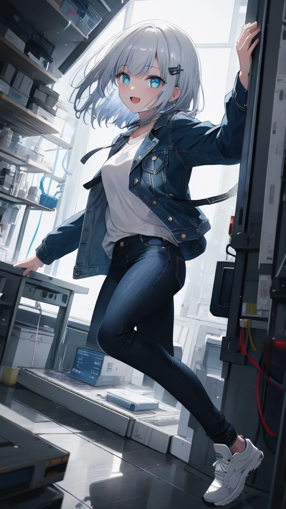 (8K, best quality, master piece: 1.3),super high resolution,1 girl, solo, full body ,ultra-detailed face, silme, (ash hair), thin hair clip, cyan colorshift eyes, expressive eyes, Ecstatic expression, Casual denim jacket, denim, cotton, blue, white, patches, pins, Futuristic laboratory, white, blue, silver, bright and clean