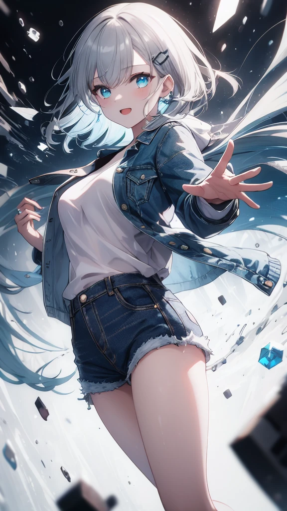 (8K, best quality, master piece: 1.3),super high resolution,1 girl, solo, full body ,ultra-detailed face, silme, (ash hair), thin hair clip, cyan colorshift eyes, expressive eyes, Ecstatic expression, Casual denim jacket, denim, cotton, blue, white, patches, pins, Futuristic laboratory, white, blue, silver, bright and clean