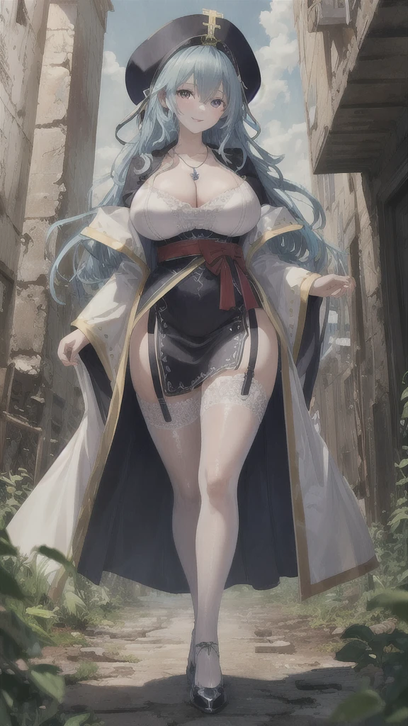 ((masterpiece, ultra detailed, UHD)) cute 1girl, -yeld, velong-curl-hair. between-eyes-hair, BREAK (gigantic breasts:1.2), slender-body, thin-waist, curvy, beautiful-leggy, BREAK ultra detailed-face, Attractive-lips, (ultra-detailed-yellow-cute-eyes), masterpiece-ultra-hires, BREAK (porcelain and Translucent shiny skin:1.2), (sweaty skin:0.7), BREAK ultra detailed shiny-pastel-blue-hair, Precise anatomy, (Happy Smile), BREAK (standing, hand-on-own-chest, looking-down, from-below, ground-level-shot, Balance), full body, Sony FE GM 24 mm, (Professional lighting), BREAK (ultra-detailed-violet-pope-Robe), ultra-detailed-Scapular, cross-necklace-on-chest , detailed-pope-hat, detailed-garter-belt-stockings, BREAK ultra detailed Dilapidated Ancient ruins background, BREAK masterpiece, ultra detailed, extremely detailed CG unity 8k atmospheric perspective