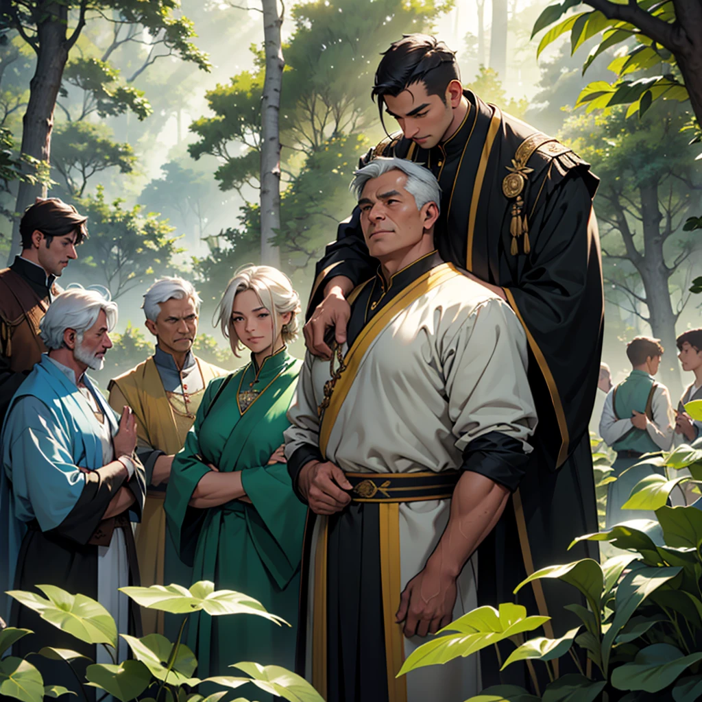 A scene of a respected man wearing a green advocate outfit, surrounded by people who admire and respect him. He stands at the center, projecting wisdom and confidence, with a gentle yet determined expression on his face. The background features a peaceful and inspiring community gathering, with lush greenery and soft sunlight filtering through the trees. People of different ages and backgrounds are gathered around him, some listening intently, others nodding in agreement, and a few expressing their gratitude, showcasing their admiration and trust in his guidance.