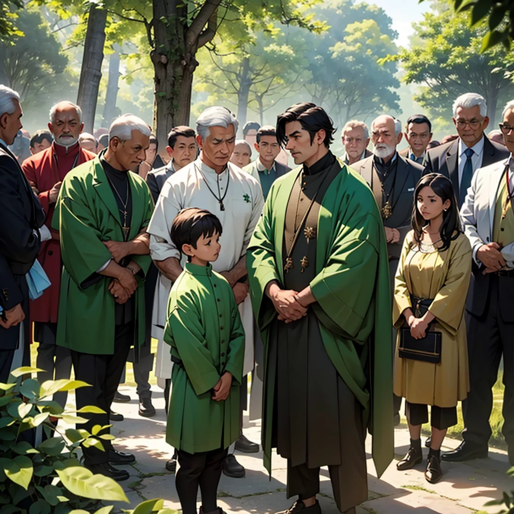 A scene of a respected man wearing a green advocate outfit, surrounded by people who admire and respect him. He stands at the center, projecting wisdom and confidence, with a gentle yet determined expression on his face. The background features a peaceful and inspiring community gathering, with lush greenery and soft sunlight filtering through the trees. People of different ages and backgrounds are gathered around him, some listening intently, others nodding in agreement, and a few expressing their gratitude, showcasing their admiration and trust in his guidance.