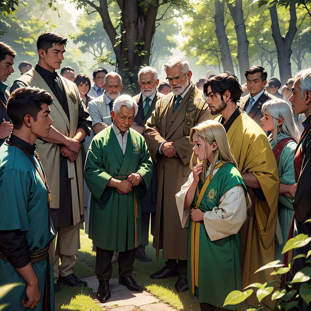 A scene of a respected man wearing a green advocate outfit, surrounded by people who admire and respect him. He stands at the center, projecting wisdom and confidence, with a gentle yet determined expression on his face. The background features a peaceful and inspiring community gathering, with lush greenery and soft sunlight filtering through the trees. People of different ages and backgrounds are gathered around him, some listening intently, others nodding in agreement, and a few expressing their gratitude, showcasing their admiration and trust in his guidance.