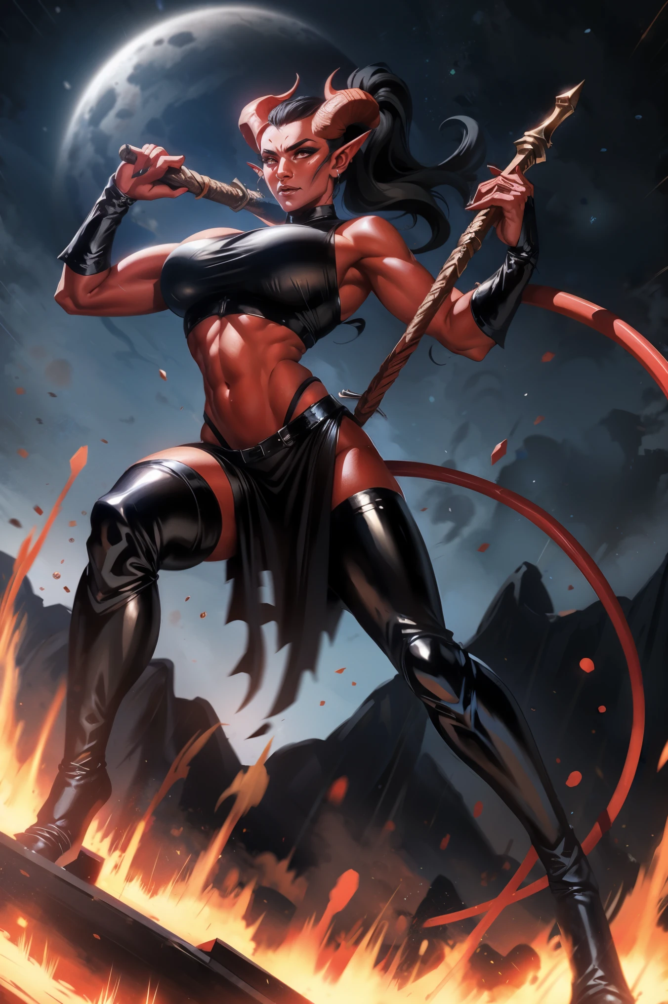 Red skin succubus tiefling, digitigrade legs, medium breasts, black horns, wings, huge tail, black leather, crop top, long flowing pelvic curtain, tall, toned, graceful, thin, long black ponytail. Action scene, whip. Dark scene, explosions, night sky.