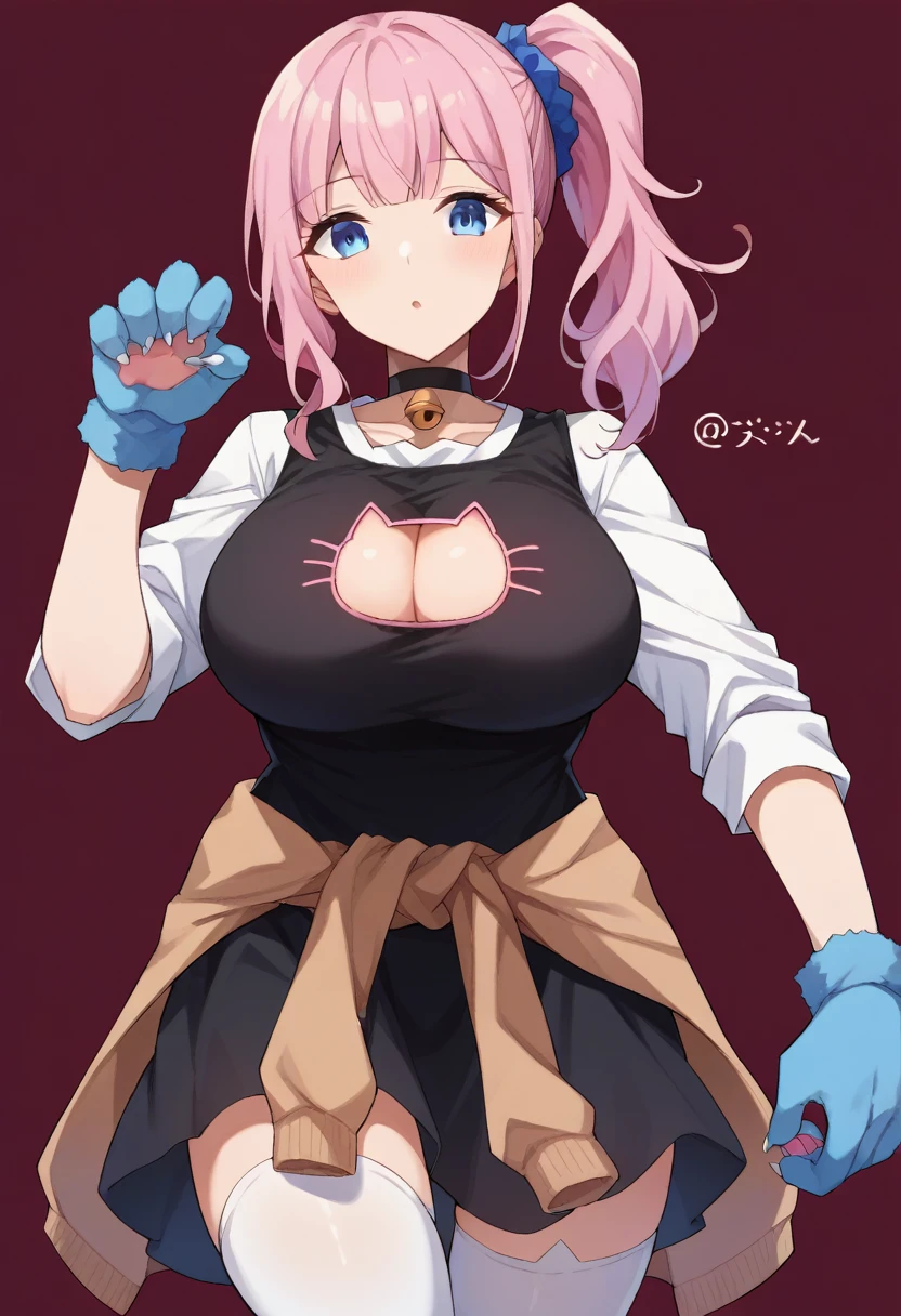 One Girl, alone, Cowboy Shot, chika, blue eyes, Pink Hair, Hair Ribbon, During pregnancy女性、, 白い cat paw gloves 、White knee-high socks、slim, Huge breasts 、During pregnancy、Hands touching belly、slimな、cat lingerie, choker, Neck bell、From below、hysk, blue eyes, blonde hair, side ponytail, blue scrunchie, black vest, black skirt, white shirt, cardigan around waist