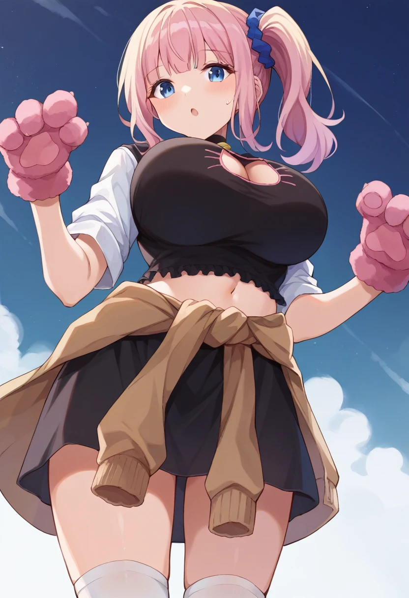 One Girl, alone, Cowboy Shot, chika, blue eyes, Pink Hair, Hair Ribbon, During pregnancy女性、, 白い cat paw gloves 、White knee-high socks、slim, Huge breasts 、During pregnancy、Hands touching belly、slimな、cat lingerie, choker, Neck bell、From below、hysk, blue eyes, blonde hair, side ponytail, blue scrunchie, black vest, black skirt, white shirt, cardigan around waist