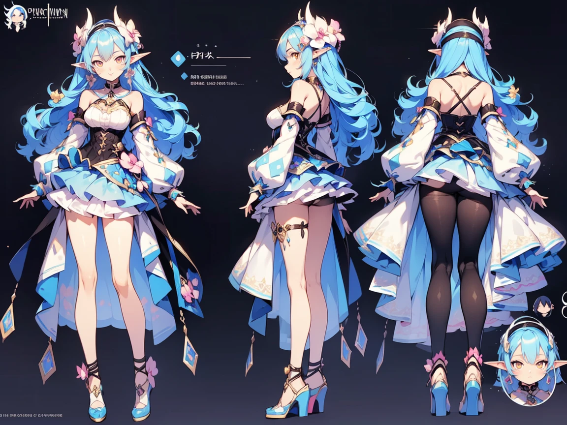 beautiful character design, best quality, anime woman, pastel color, elf ears, long black hair, clothing details with orchids, yellow eyes, vtuber, phoenix based, dark blue color, turquoise, white body clothes, saturated colors, expressive, vtuber, ,((black hair)), ((dark blue hair tips)), summer lightness, exposed shoulders and arms, transparencies clothes, seduction, smile, feminine style, mature woman, anime woman, pretty woman, black stockings, delicate orchid Accessories, fantasy detailed corset, surreal girl, anime girl, realistic girl, , Orchid Hair accessories, (blue pupils), forehead, fantasy, Medium and long end, ( Colorful) (best quality: 1.2), masterpieces, (High precision: 1.1), 8k resolution, (detailed), delicate, noise reduction, complex Details, Ultra detailed, Very detailed, complex, small details , CG, freshness, official art, oficial character design ((dark blue hair)), blue hair, long dark blue hair, white body clothe, black high socks, (expressive) (night phoenix inspirated) ((fullbody)) ((mommy vibes, big breasts)) vtuber design, famous vtuber clothes, sexy clothes, pretty, ((full vtuber sheet)) Vtuber character design ((mommy)) Sexy clothes, tight clothes, fantasy clothes, ((mythical clothes)) mythical creature, detailed clothes