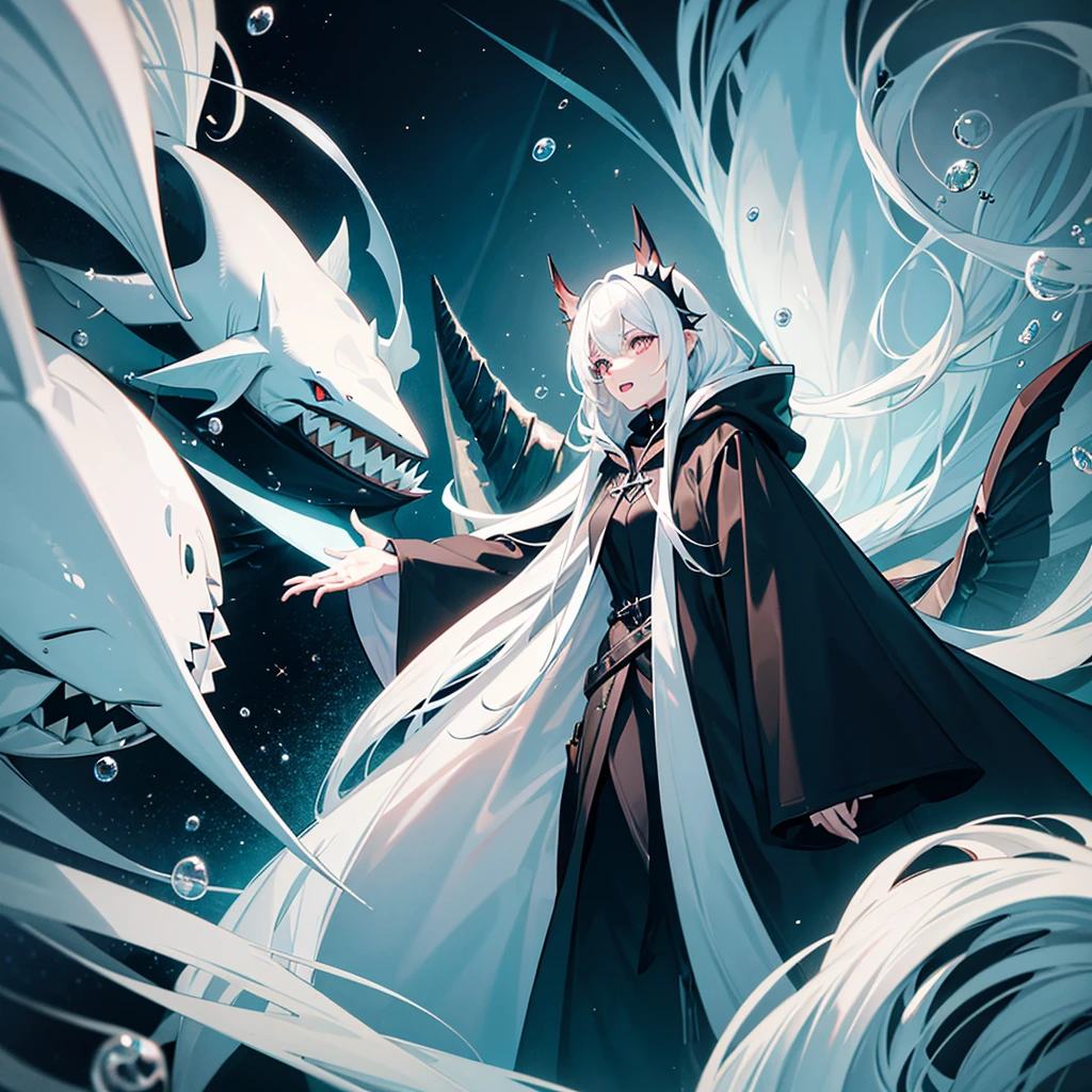 A fish with white hair wearing a black hood with teeth, a black cloak, a black dress with a shark fin, the animals behind her, a lot of fire, a huge man around bubbles of worlds